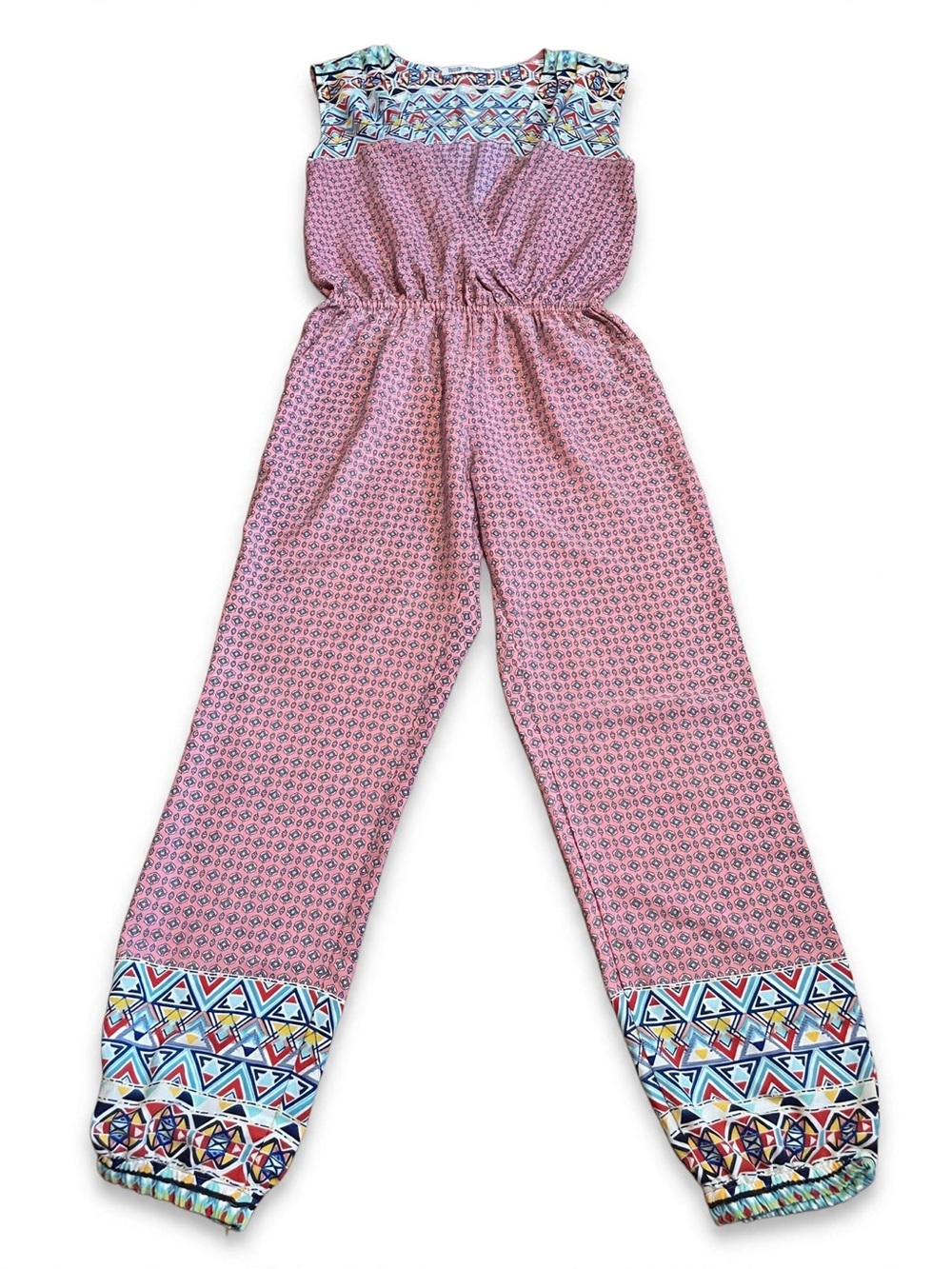 Fraiche by J Pink Coral Aztec Tribal Print Jumpsuit L Jogger Pockets Resort USA